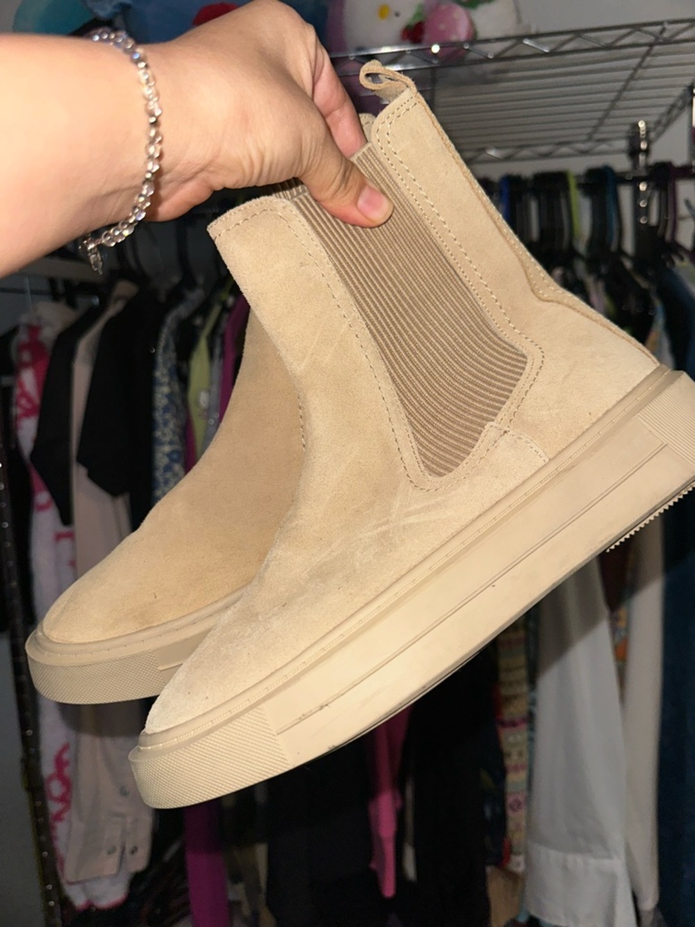 Zara Beige Suede Chelsea Platform Booties